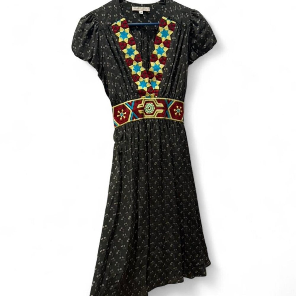 Anthropologie Corey Lynn Calter Gray Silk Midi Dress with Multicolor Embroidery